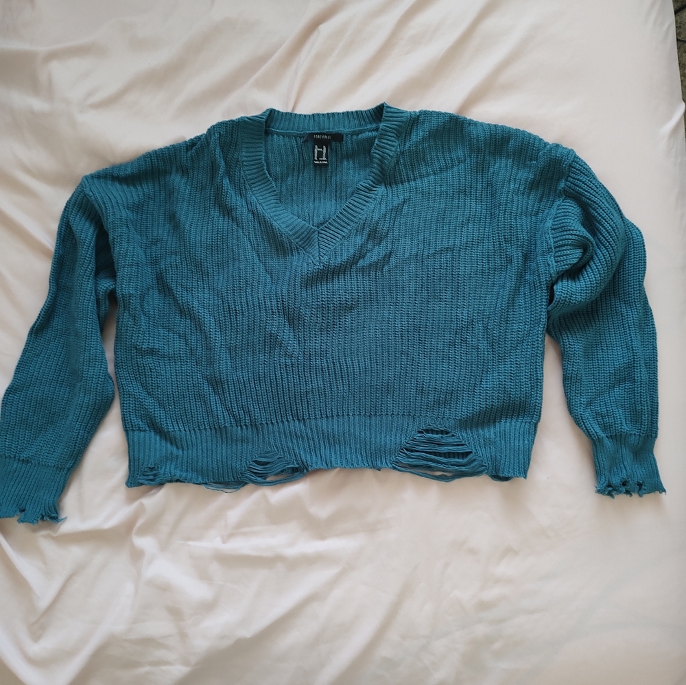 Forever 21 Blue Knit Distressed Cropped Sweater